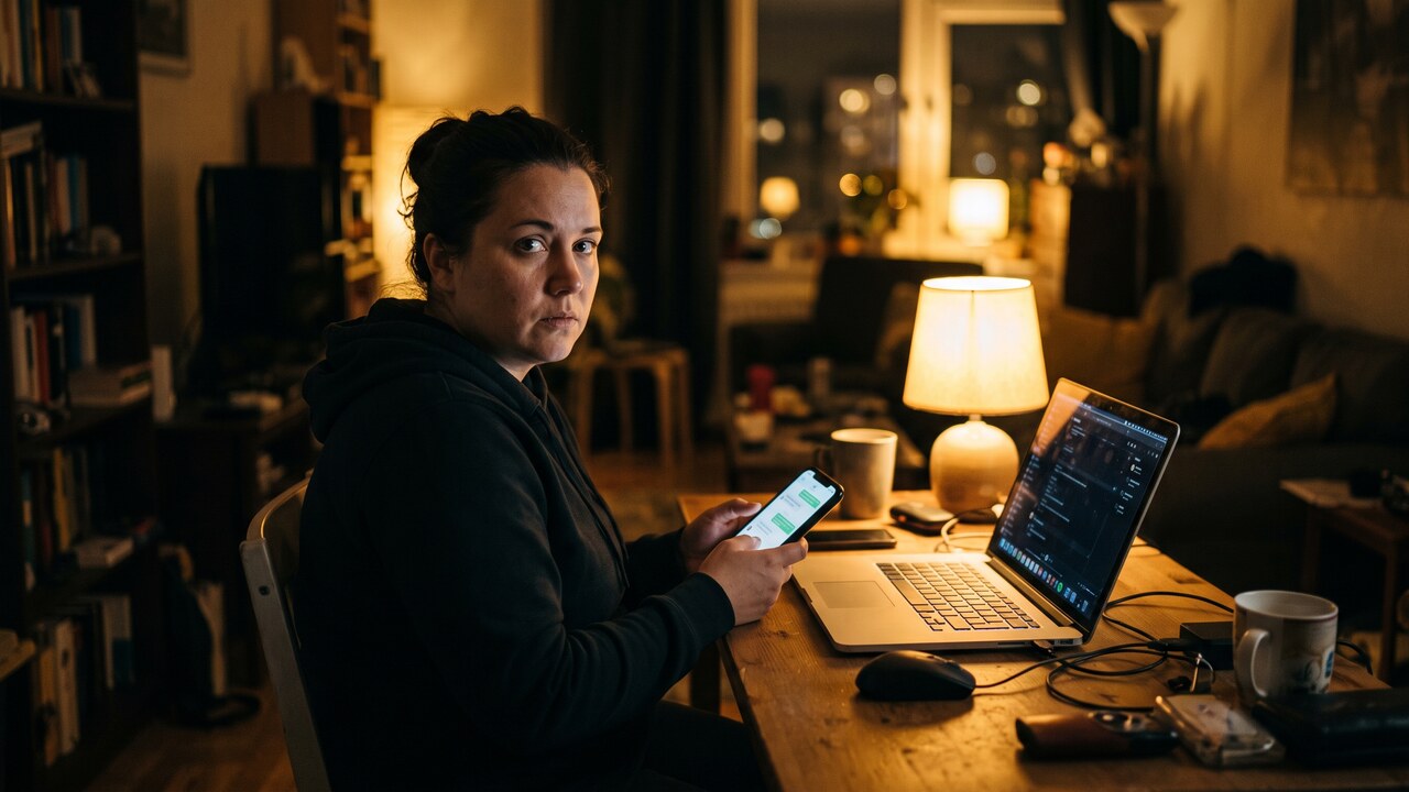 Anonieme persoon met een smartphone in een schemerige kamer, kijkend naar de camera, bij een geopende laptop