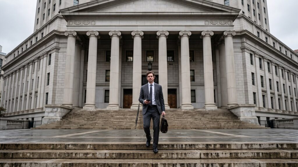 Een persoon loopt de trappen op van een Amerikaans justitiegebouw met hoge stenen zuilen