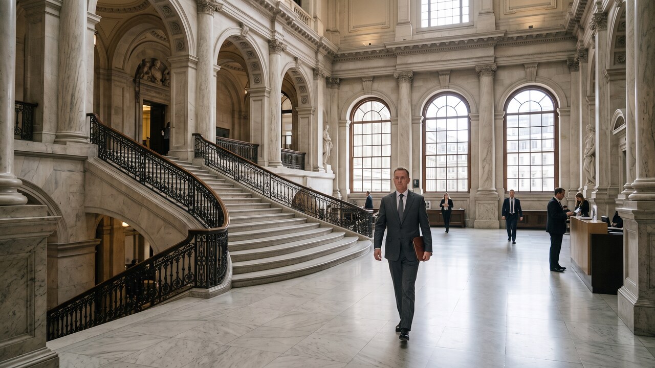 Anonieme professional loopt door de marmeren hal van een statig bankgebouw met hoge zuilen en daglicht