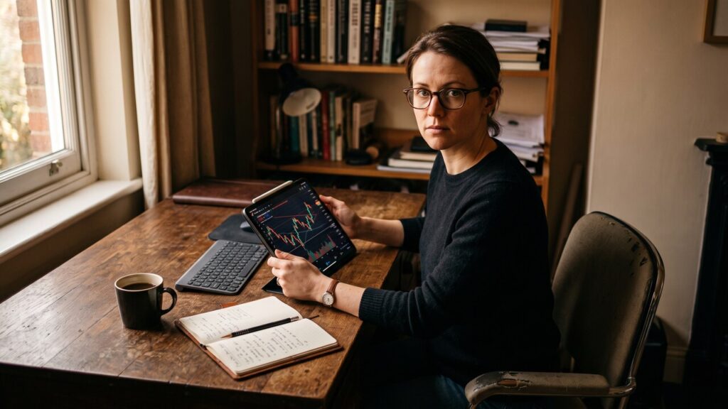 Belegger aan bureau kijkt naar tablet met koersbewegingen, met koffie en notitieboek ernaast