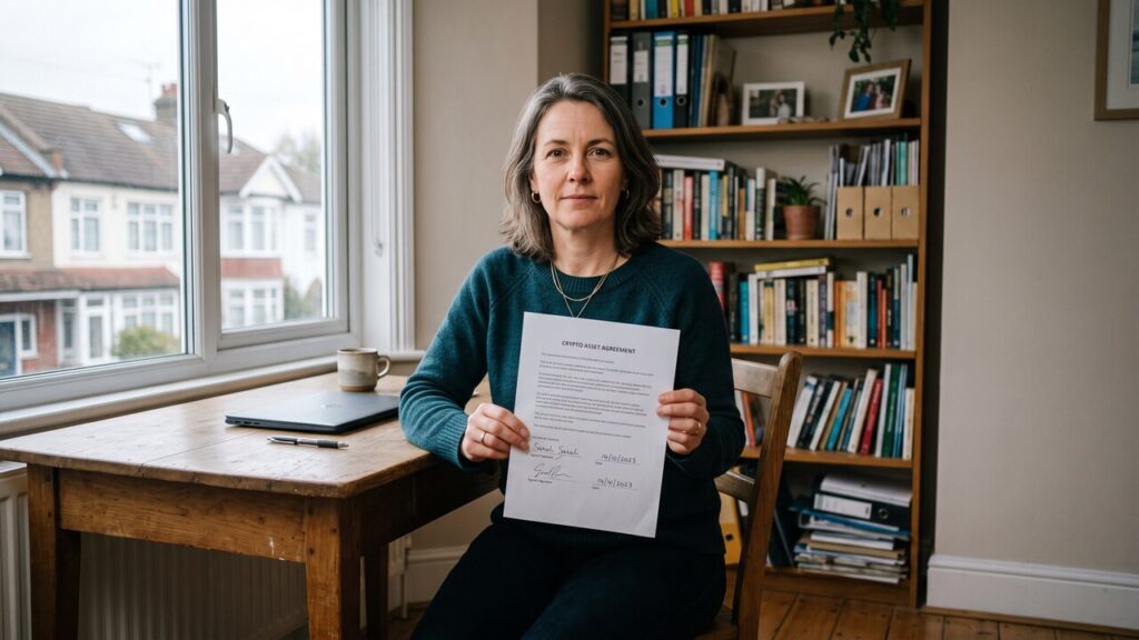 Vrouw aan een bureau houdt een ondertekend document vast en kijkt in de camera