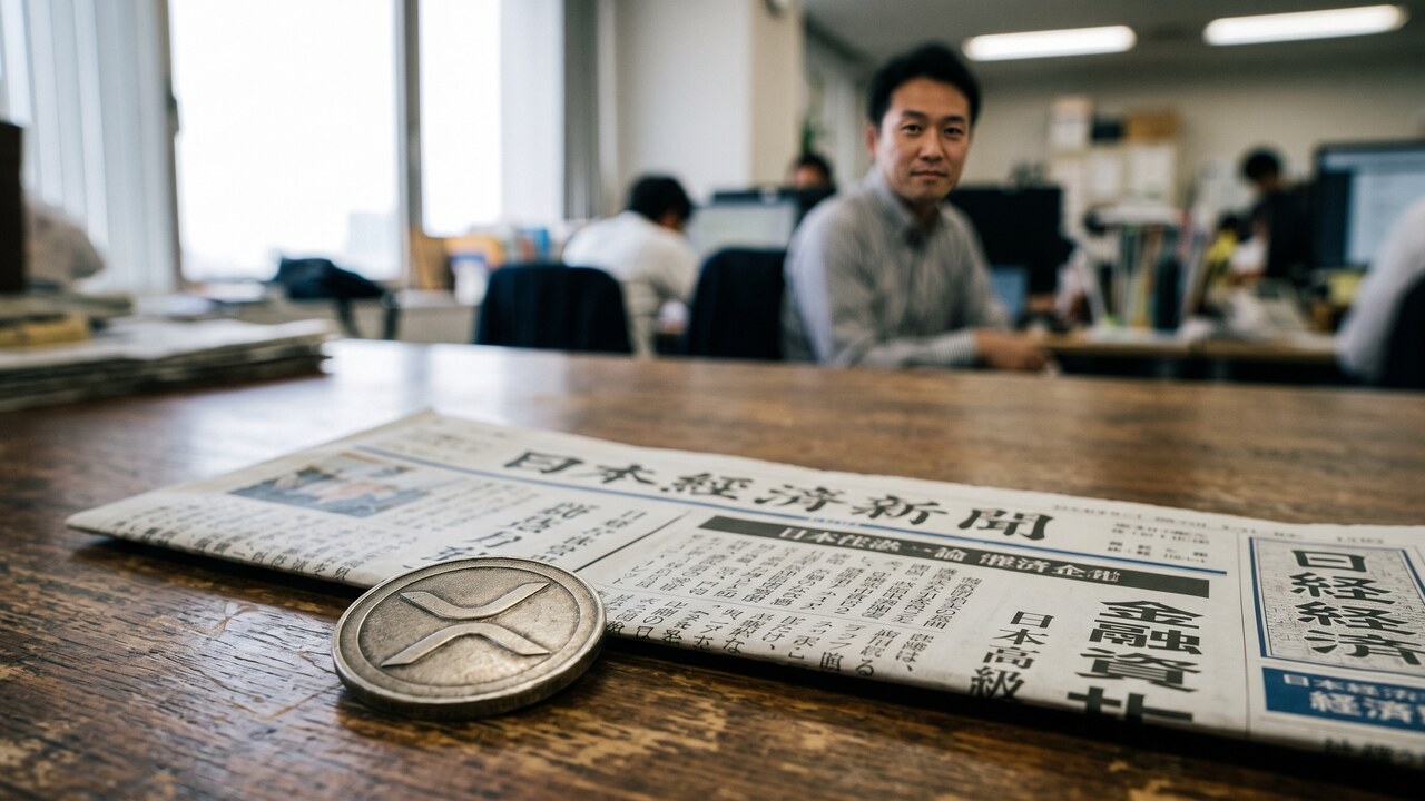Een zilveren munt op een zakenkrant met op de achtergrond een wazig kantoor, symbool voor de XRP koers en nieuwe Ripple-deals