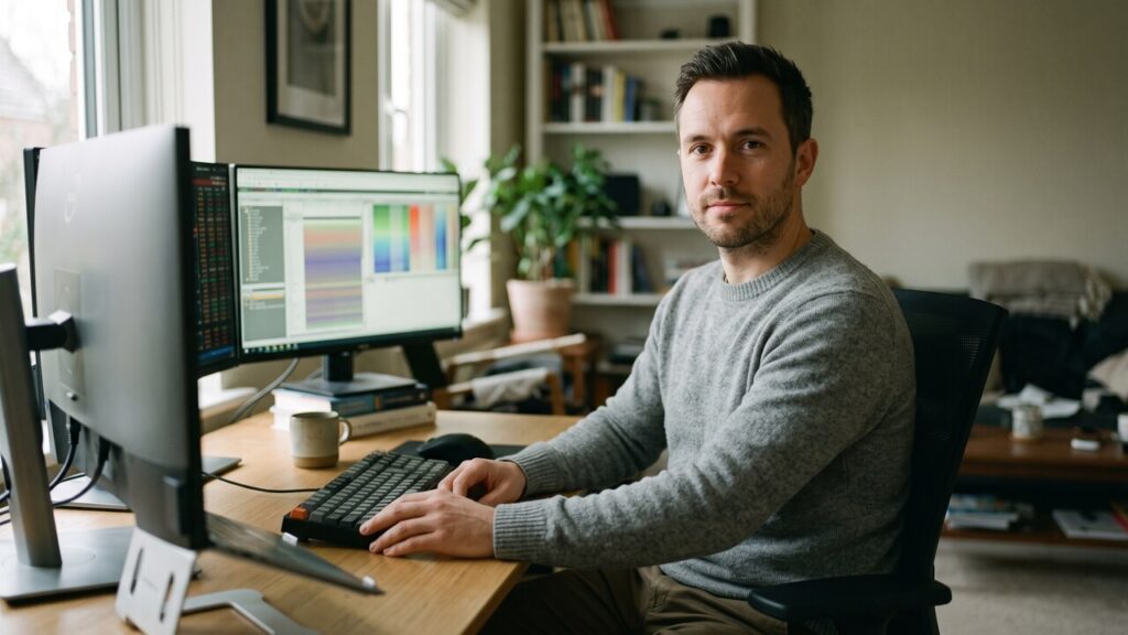 Handelaar aan bureau met meerdere schermen kijkt richting de camera terwijl hij de markt volgt