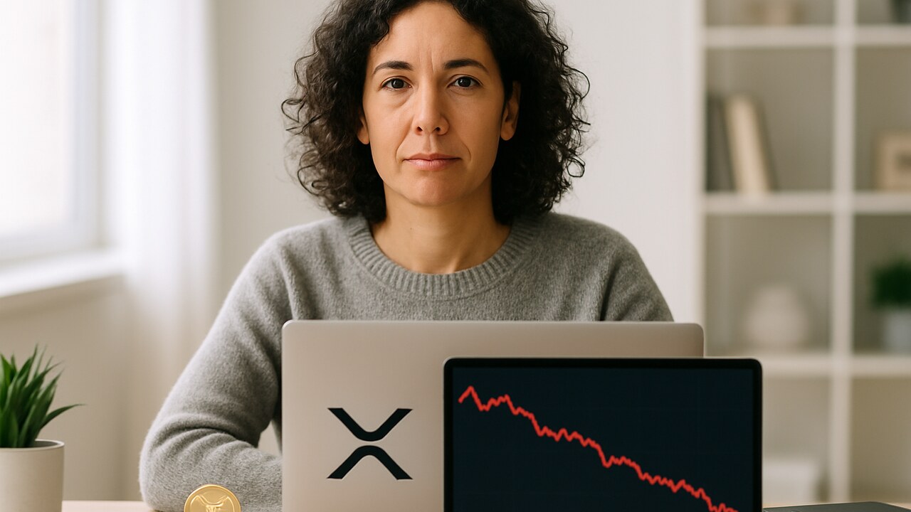 Vrouw achter laptop kijkt bedachtzaam naar een dalende XRP-koersgrafiek in daglicht