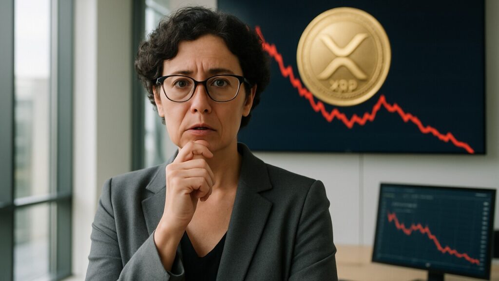 Vrouw in een kantoor voor een scherm met het XRP-logo en een dalende rode koerslijn