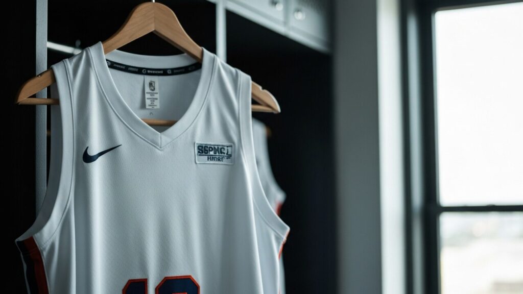 Sportshirt van een universiteitsteam in een kleedkamer, met ruimte voor een sponsorlogo