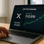Laptop met een nep-stakingdashboard en het XRP-logo, een aarzelende hand boven het trackpad
