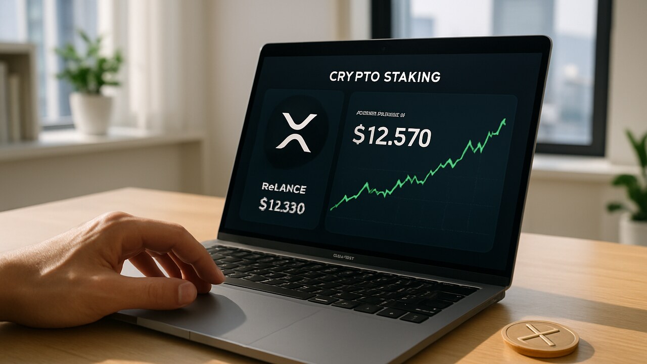 Laptop met een nep-stakingdashboard en het XRP-logo, een aarzelende hand boven het trackpad