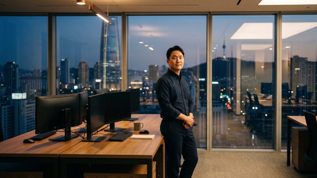 Analist in een rustig, modern handelskantoor in Seoul bij schemering, kijkend richting de camera
