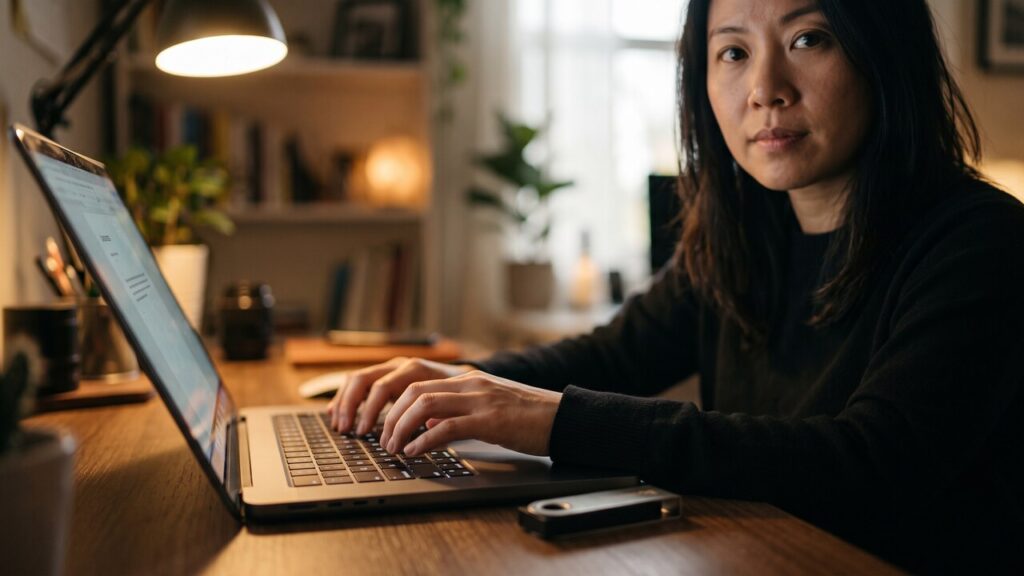 Handen typen op een laptop naast een hardware wallet in een schemerig kantoor