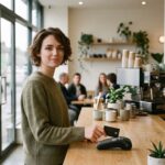 Iemand rekent bij een cafe af met een betaalkaart op een contactloze terminal