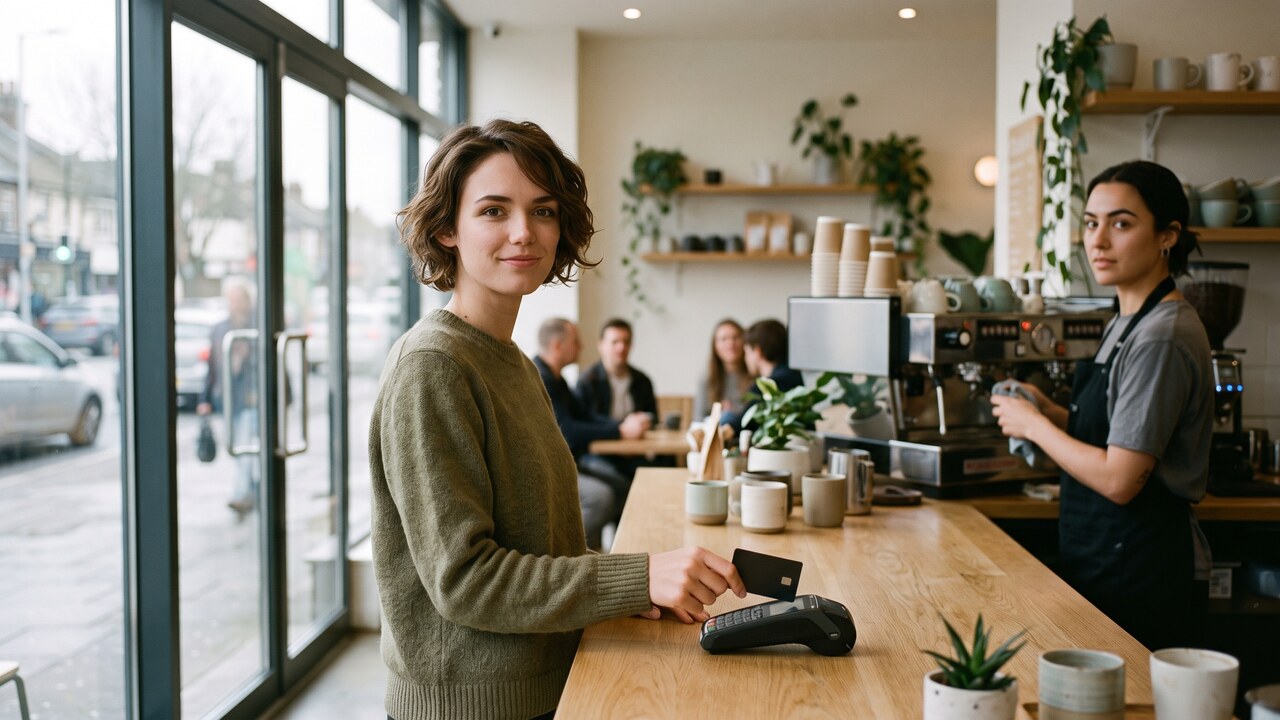Iemand rekent bij een cafe af met een betaalkaart op een contactloze terminal