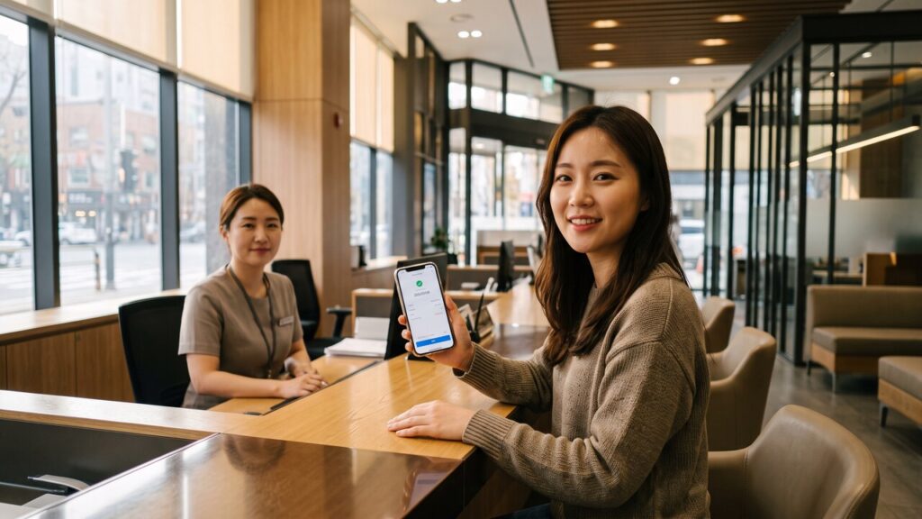 Klant met smartphone maakt een digitale betaling aan een moderne bankbalie in Seoul