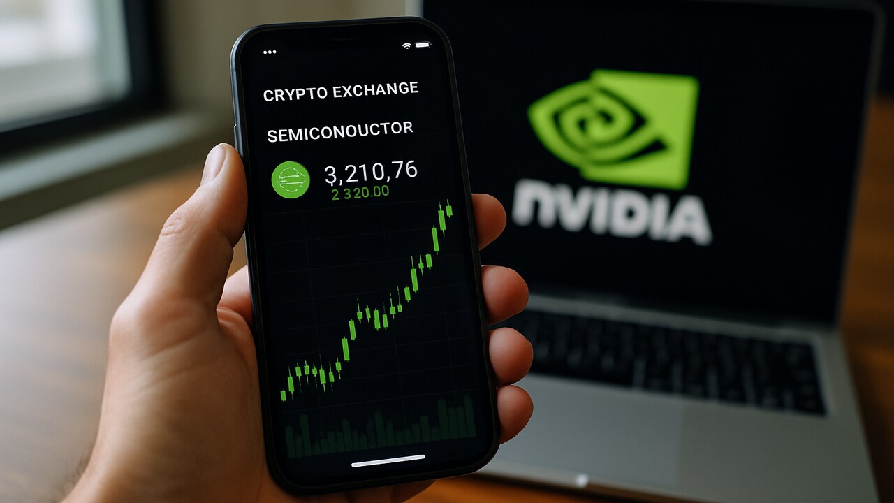 Hand met smartphone waarop een cryptobeurs-app een chipaandeel en stijgende groene grafiek toont