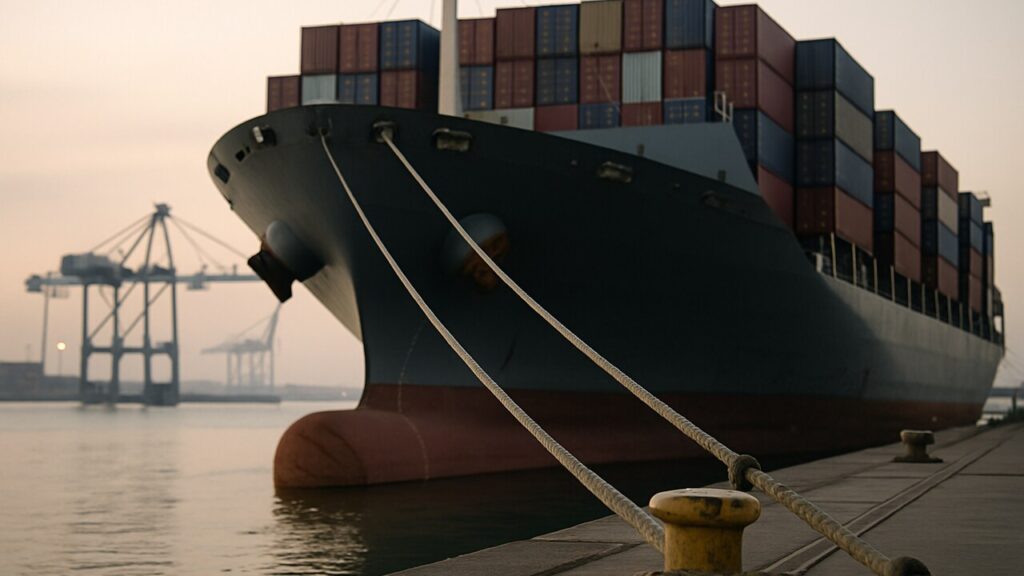 Groot vrachtschip afgemeerd in een haven bij dageraad met gestapelde containers en kranen