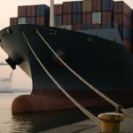 Groot vrachtschip afgemeerd in een haven bij dageraad met gestapelde containers en kranen