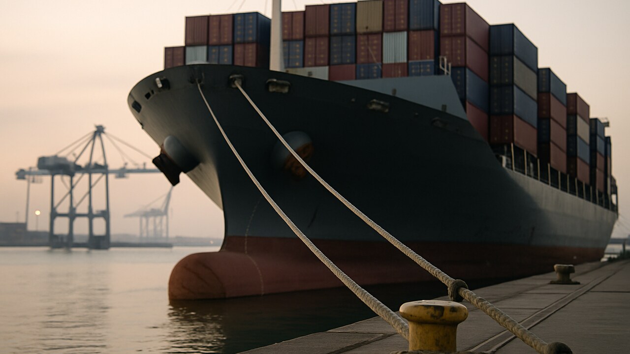 Groot vrachtschip afgemeerd in een haven bij dageraad met gestapelde containers en kranen