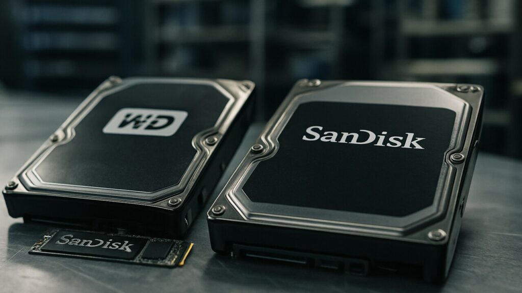 Opslagchips en harde schijven met de logo's van SanDisk en Western Digital op een werkbank