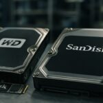 Opslagchips en harde schijven met de logo's van SanDisk en Western Digital op een werkbank