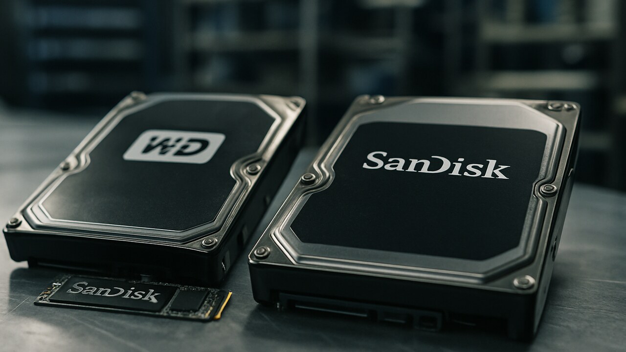 Opslagchips en harde schijven met de logo's van SanDisk en Western Digital op een werkbank