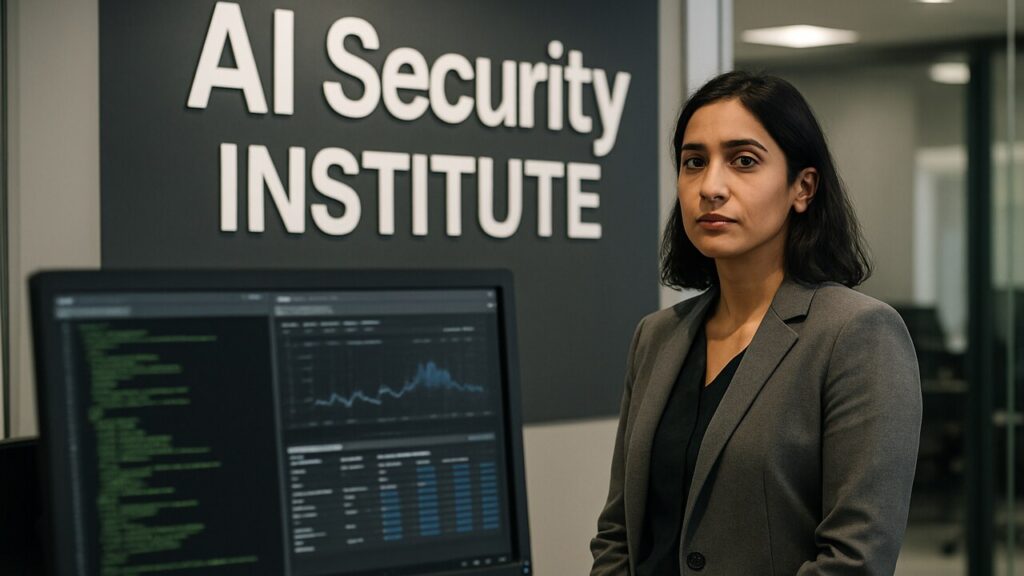 Kantoor van de Britse AI Security Institute met een monitor die netwerkactiviteit en code toont