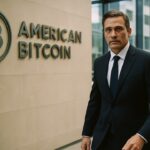 Zakenman loopt door bedrijfslobby met het logo van American Bitcoin aan de muur