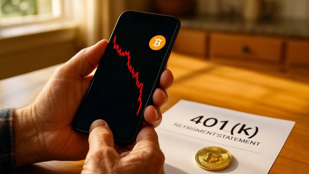 Handen van een oudere Amerikaan met een telefoon die een dalende rode Bitcoin-grafiek toont, naast een pensioenoverzicht en een fysieke Bitcoin-munt op een keukentafel