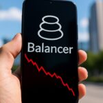 Smartphone met het Balancer-logo en een rode dalende grafiek, symbool voor de hack van de V1-pool