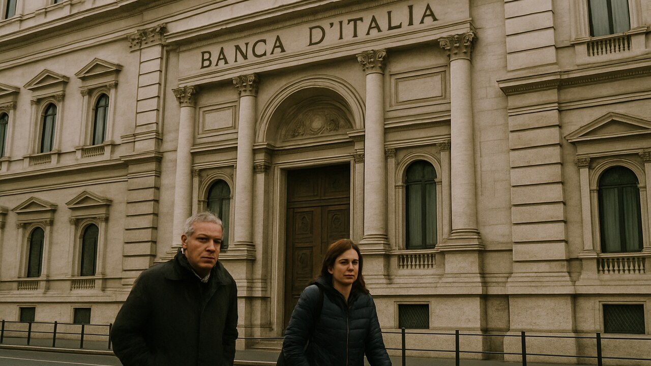 Het historische hoofdkantoor van de Bank van Italië in Rome met voetgangers ervoor