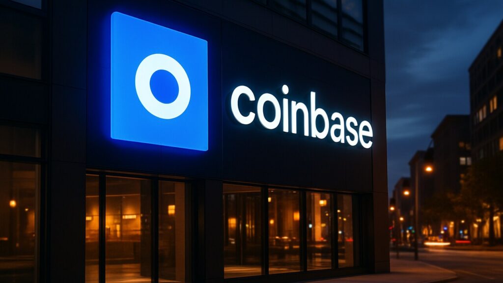 Gevel met het blauwe Base-logo helder verlicht, symbool voor het nieuwe AI-accelerator programma van Coinbase.