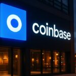Gevel met het blauwe Base-logo helder verlicht, symbool voor het nieuwe AI-accelerator programma van Coinbase.