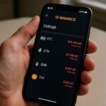 Hand houdt smartphone vast met de Binance-app en een oranje waarschuwingsdriehoek naast een muntvermelding