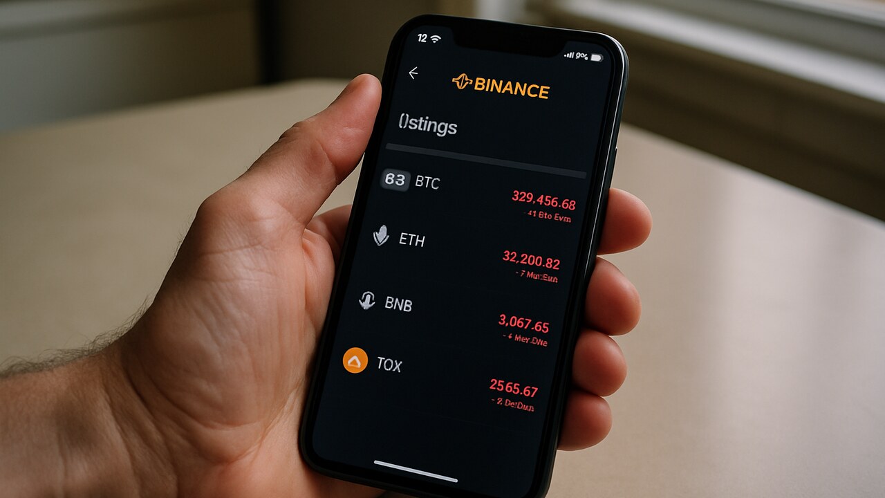 Hand houdt smartphone vast met de Binance-app en een oranje waarschuwingsdriehoek naast een muntvermelding