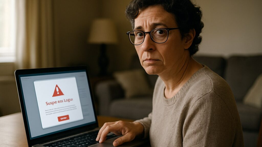 Vrouw thuis achter laptop die twijfelt bij een verdachte inlogmail, symbool voor phishing als echte dreiging voor crypto
