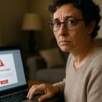 Vrouw thuis achter laptop die twijfelt bij een verdachte inlogmail, symbool voor phishing als echte dreiging voor crypto