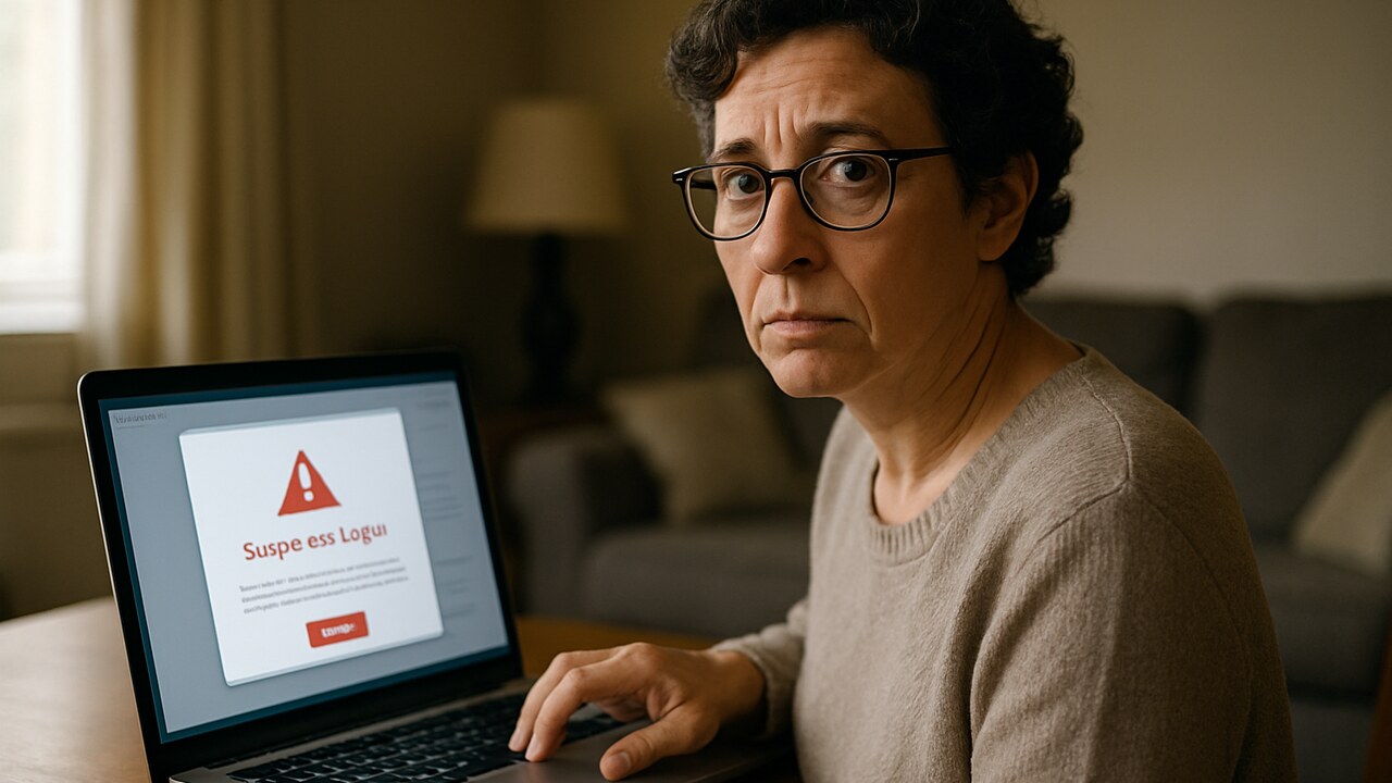 Vrouw thuis achter laptop die twijfelt bij een verdachte inlogmail, symbool voor phishing als echte dreiging voor crypto