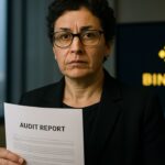 Compliancemedewerker in een kantoor met een controlerapport, Binance-logo op een scherm op de achtergrond