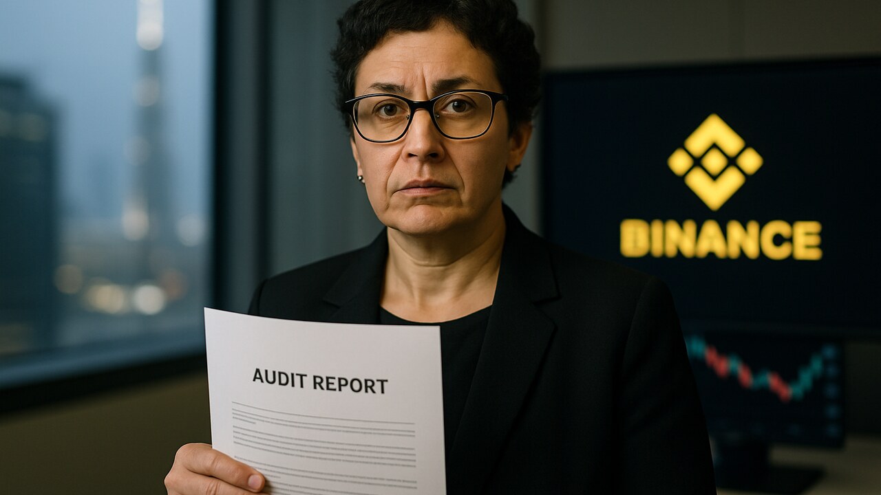 Compliancemedewerker in een kantoor met een controlerapport, Binance-logo op een scherm op de achtergrond