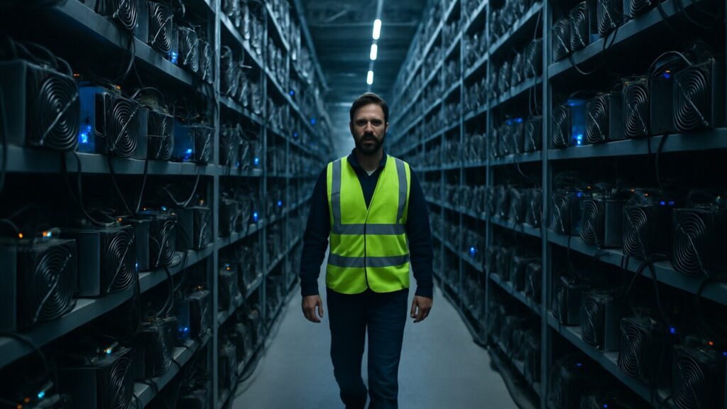 Interieur van een Bitcoin-mininghal met rijen mining-machines en een technicus in het gangpad