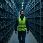 Interieur van een Bitcoin-mininghal met rijen mining-machines en een technicus in het gangpad