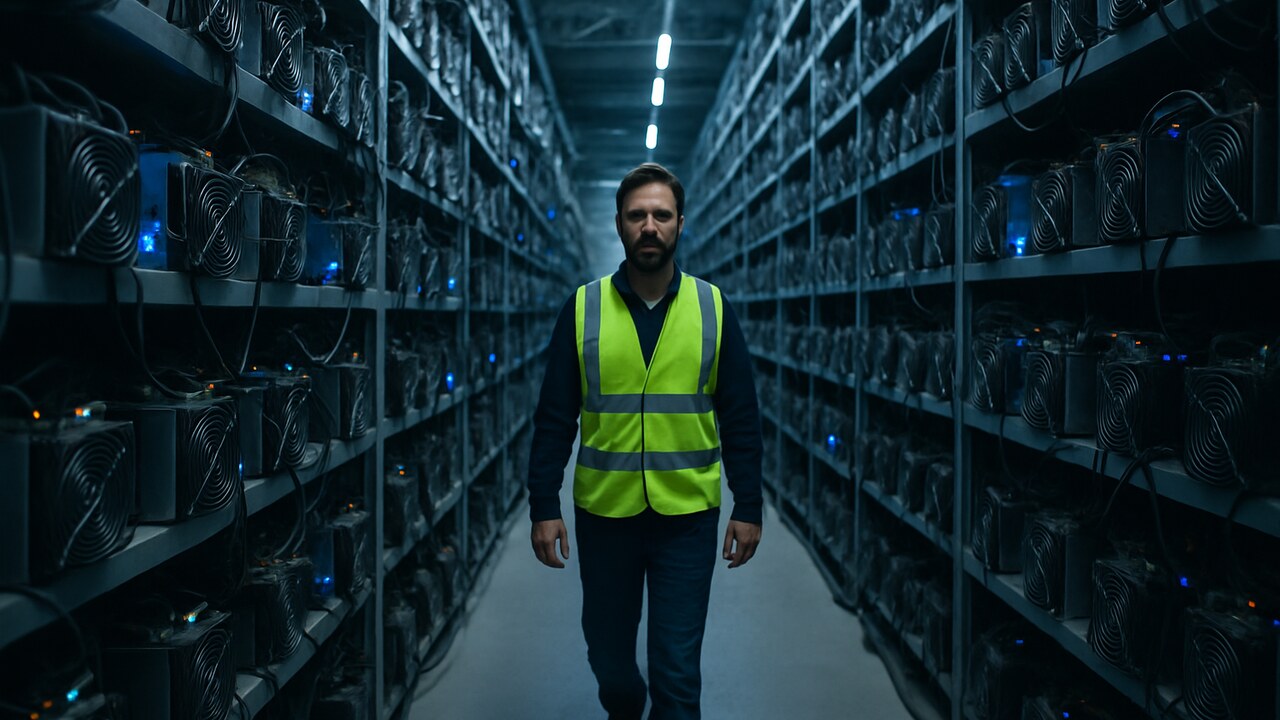 Interieur van een Bitcoin-mininghal met rijen mining-machines en een technicus in het gangpad