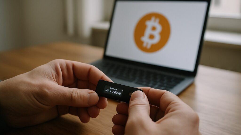 Handen houden een hardware wallet vast boven een bureau, met op de achtergrond een laptop met het Bitcoin-logo