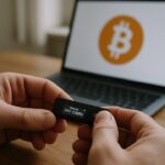 Handen houden een hardware wallet vast boven een bureau, met op de achtergrond een laptop met het Bitcoin-logo