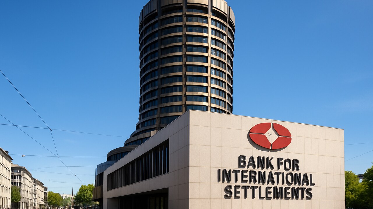 Het ronde hoofdkantoor van de Bank for International Settlements in Basel bij helder daglicht