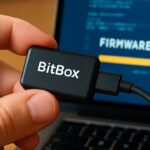 Een BitBox hardware-wallet aangesloten op een laptop terwijl een firmware-update draait