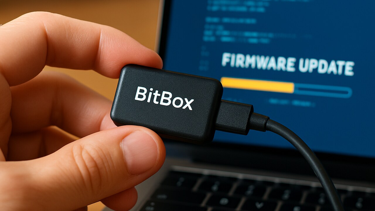 Een BitBox hardware-wallet aangesloten op een laptop terwijl een firmware-update draait