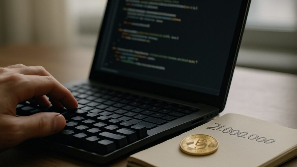Werkplek van een Bitcoin-ontwikkelaar met code op het scherm en een notitie met het getal 21.000.000