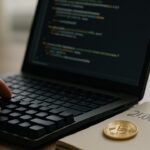 Werkplek van een Bitcoin-ontwikkelaar met code op het scherm en een notitie met het getal 21.000.000