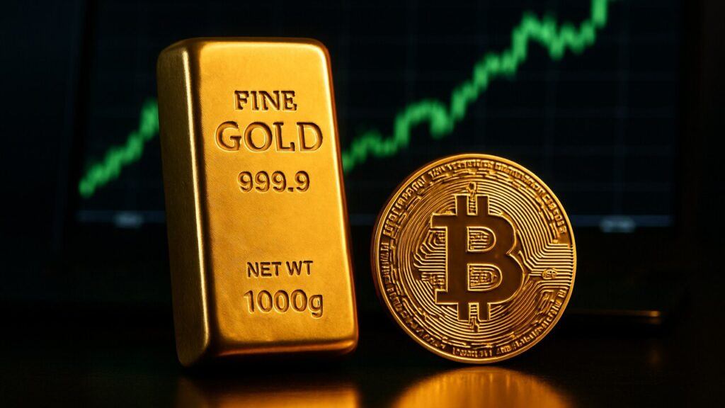 Een gouden baar naast een fysieke Bitcoin-munt met op de achtergrond een groen stijgende koersgrafiek