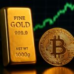 Een gouden baar naast een fysieke Bitcoin-munt met op de achtergrond een groen stijgende koersgrafiek